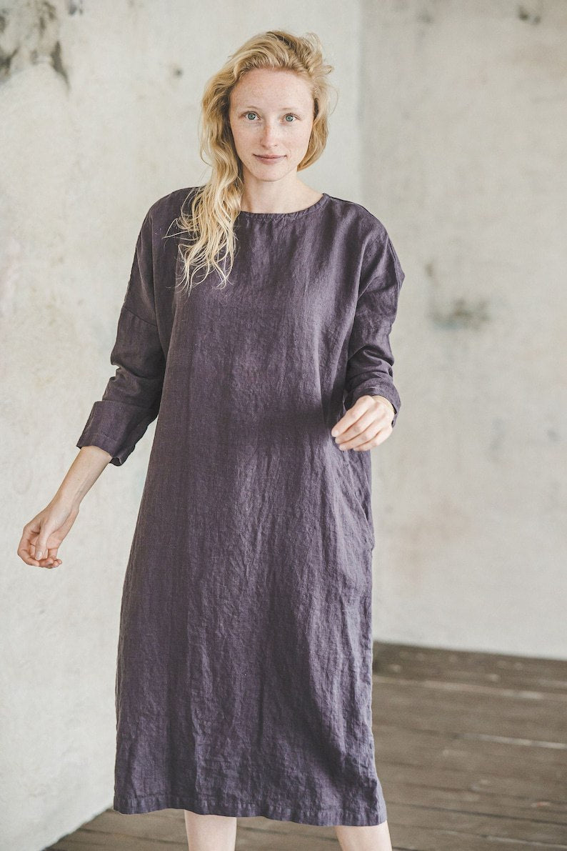 Linen Dress Loose Fitting / Linen Tunic Dress / Linen Dress Midi Length