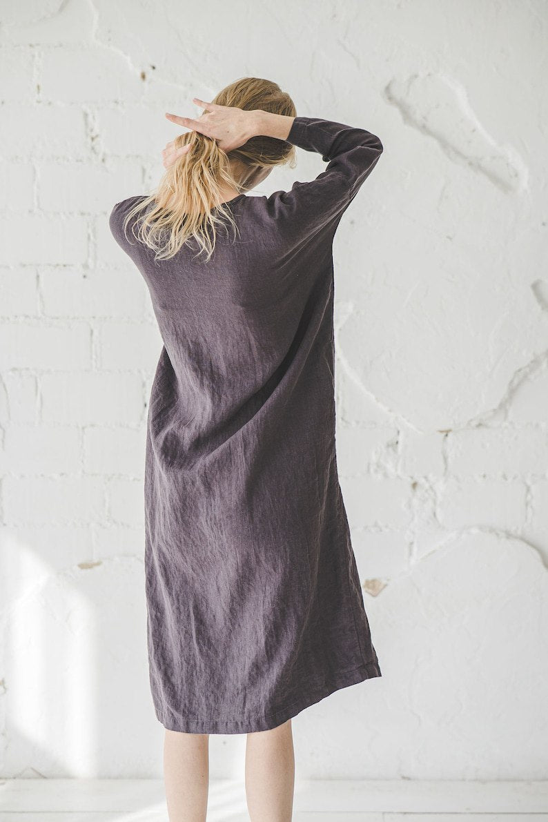 Linen Dress Loose Fitting / Linen Tunic Dress / Linen Dress Midi Length
