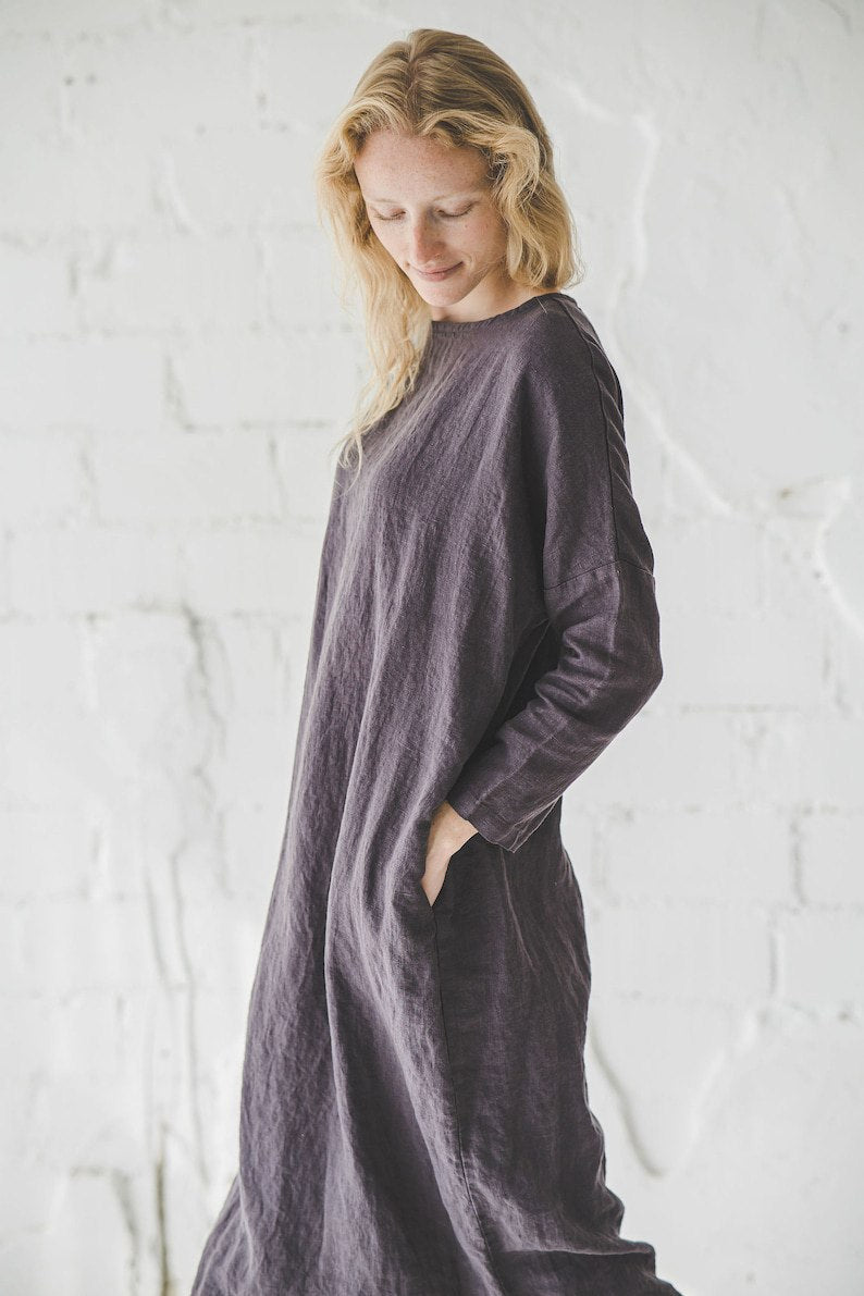Linen Dress Loose Fitting / Linen Tunic Dress / Linen Dress Midi Length