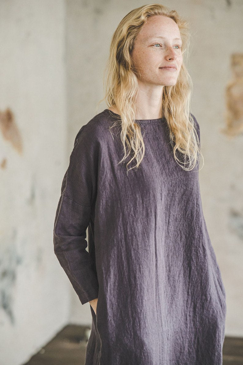 Linen Dress Loose Fitting / Linen Tunic Dress / Linen Dress Midi Length