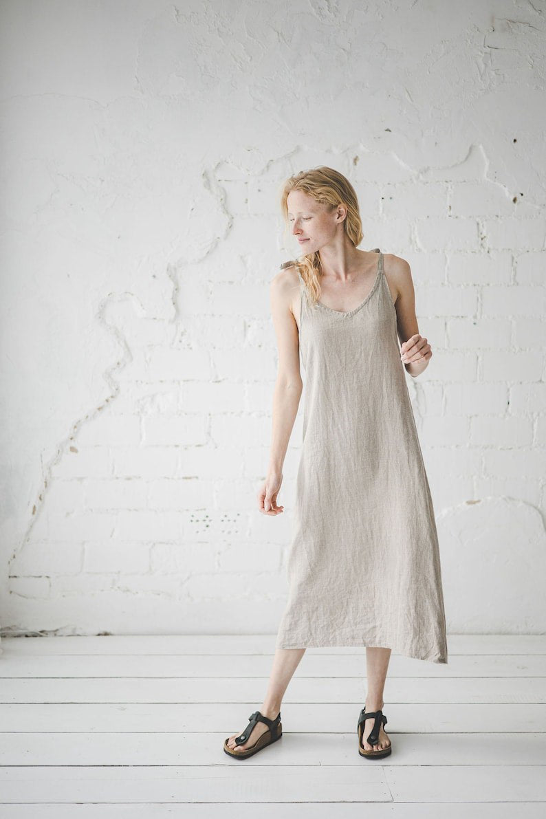 Midi Linen Dress, Sleeveless Linen Dress, Festival Summer Dress, Spaghetti Strap Dress