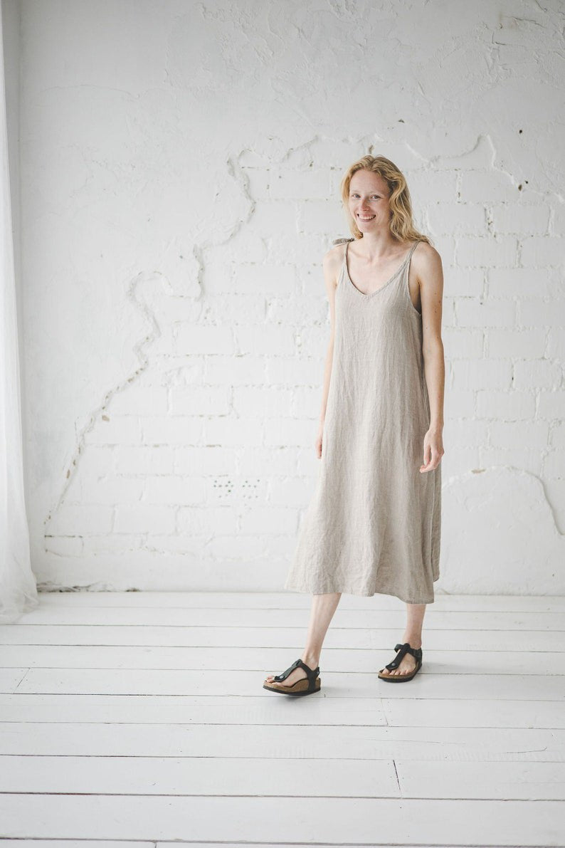 Midi Linen Dress, Sleeveless Linen Dress, Festival Summer Dress, Spaghetti Strap Dress