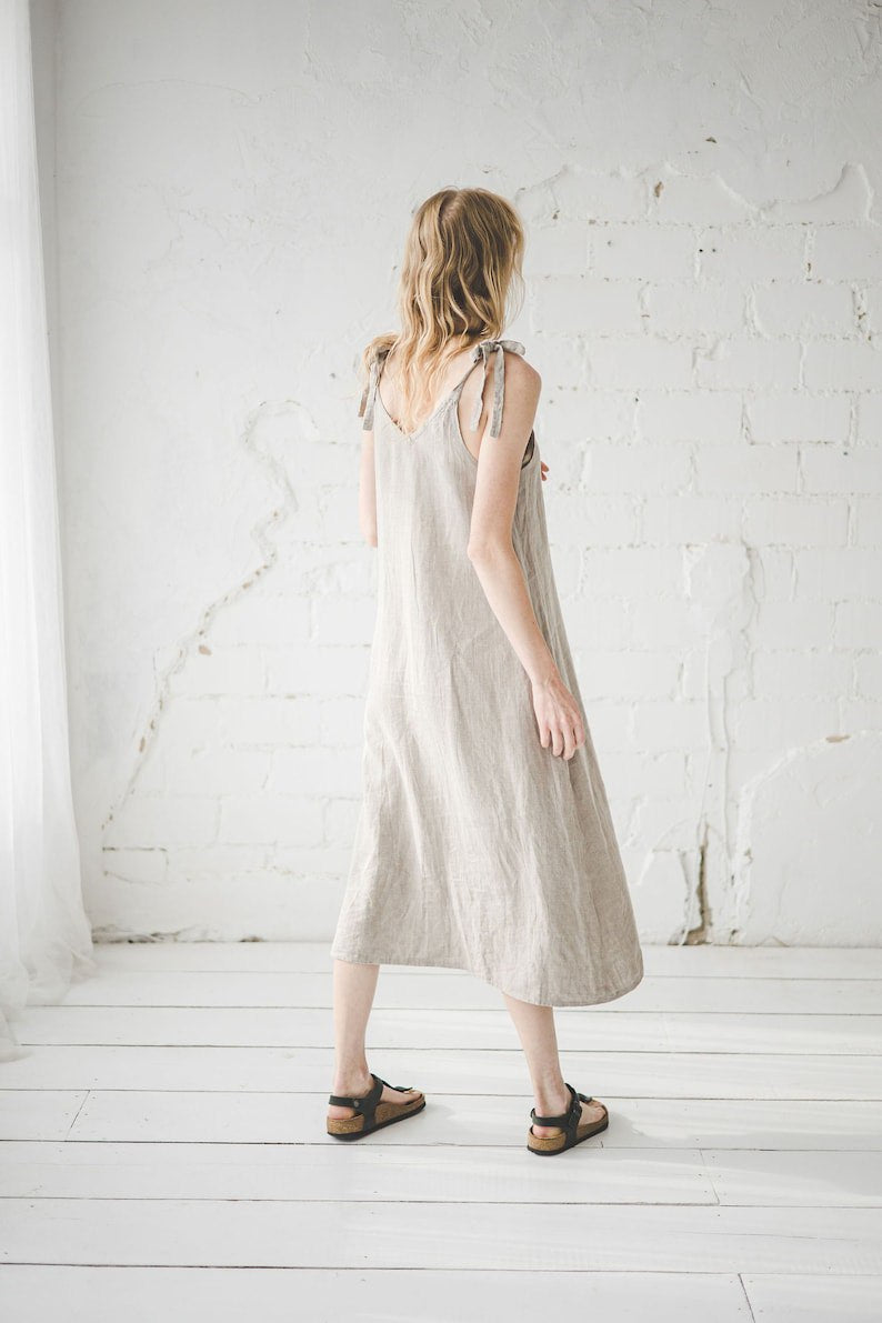 Midi Linen Dress, Sleeveless Linen Dress, Festival Summer Dress, Spaghetti Strap Dress