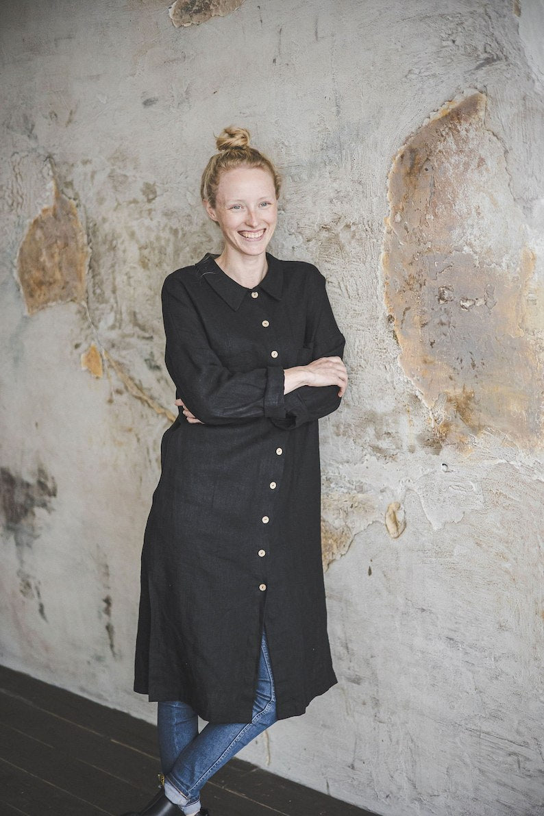 Heavy Linen Shirt Dress / Linen Dress for Women Buttons Down / Long Sleeves Woman Tunic