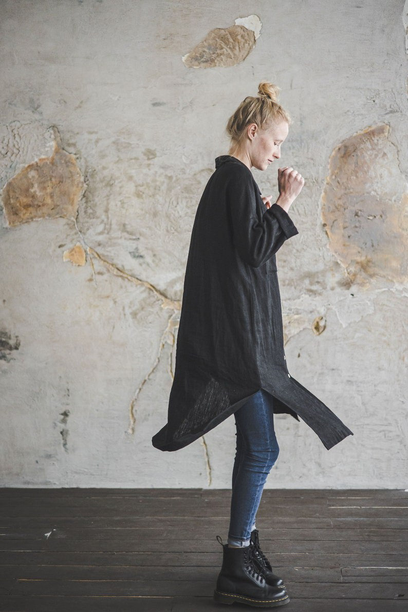 Heavy Linen Shirt Dress / Linen Dress for Women Buttons Down / Long Sleeves Woman Tunic