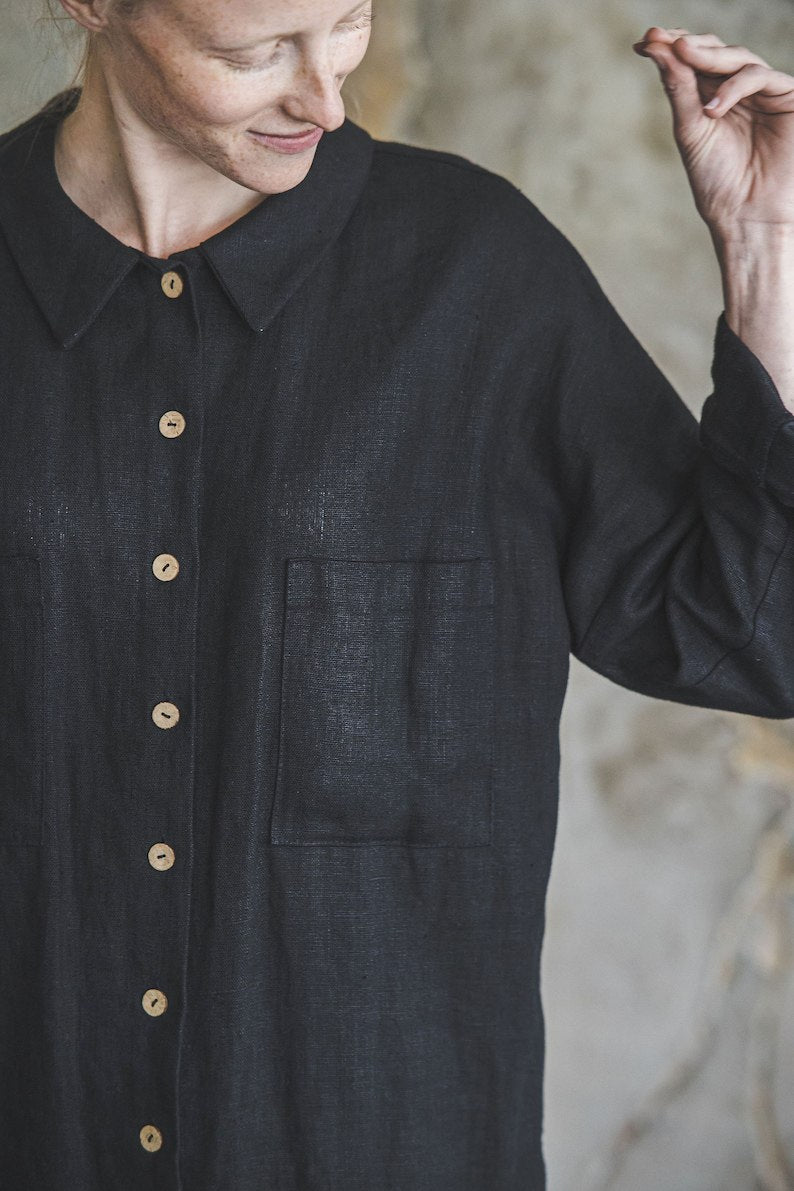 Heavy Linen Shirt Dress / Linen Dress for Women Buttons Down / Long Sleeves Woman Tunic