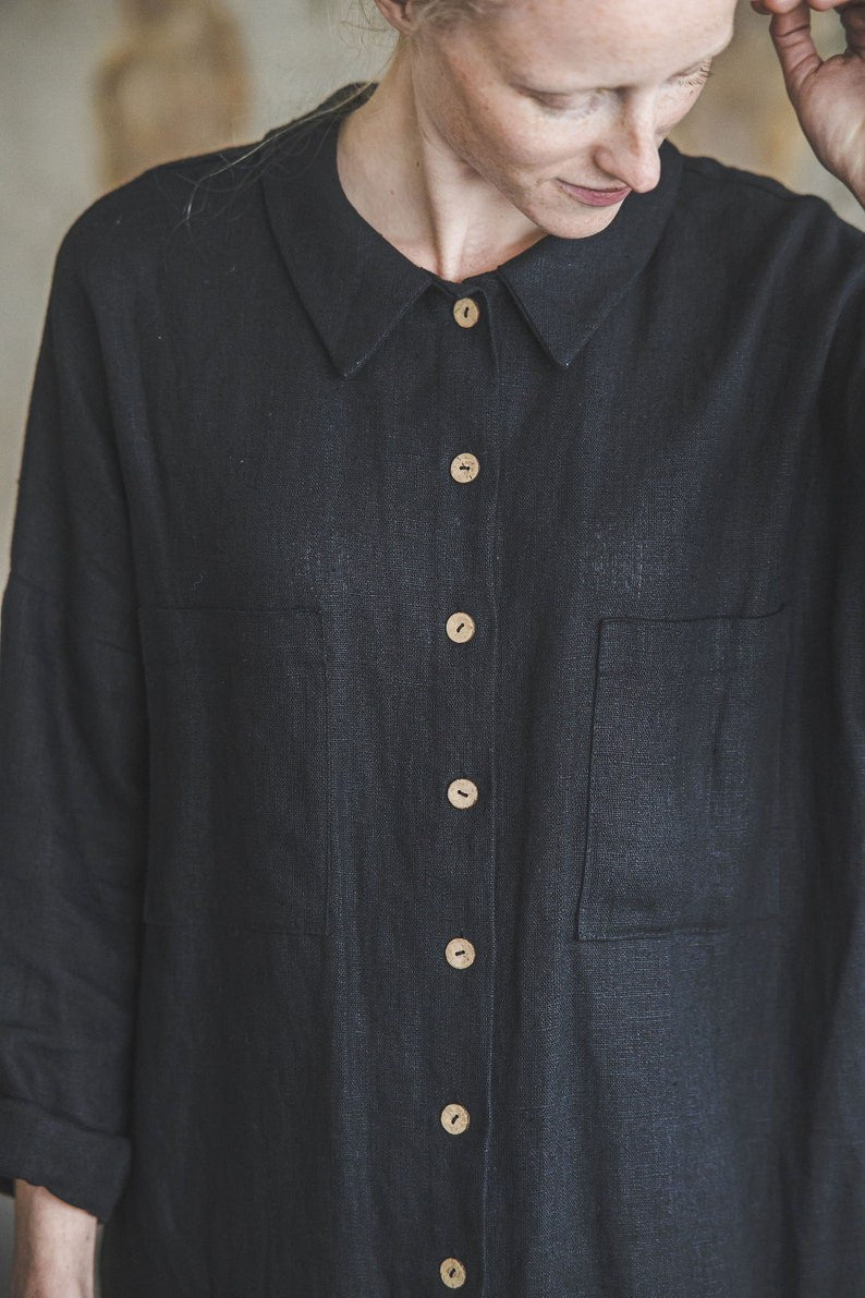 Heavy Linen Shirt Dress / Linen Dress for Women Buttons Down / Long Sleeves Woman Tunic