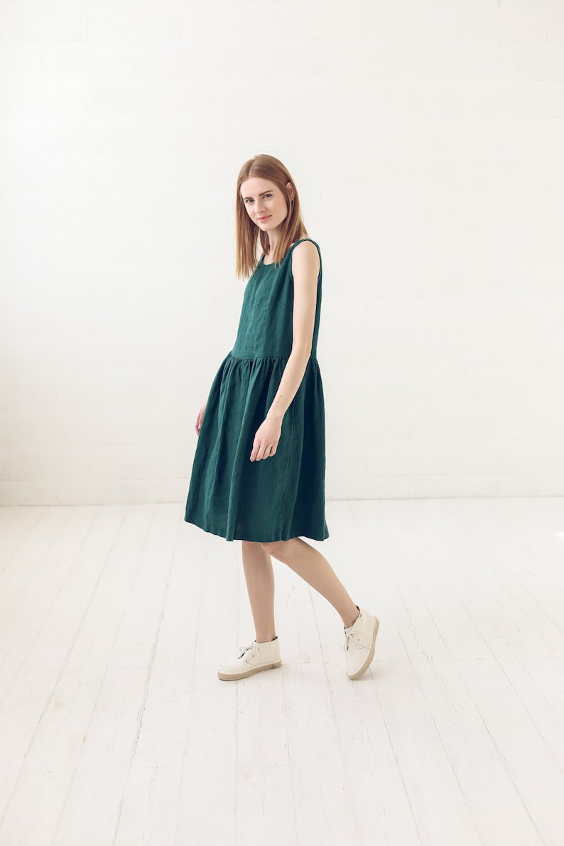 Summer Linen Dress / Simple A Line Midi Dress / Emerald Green Basic Linen Dress with Pockets