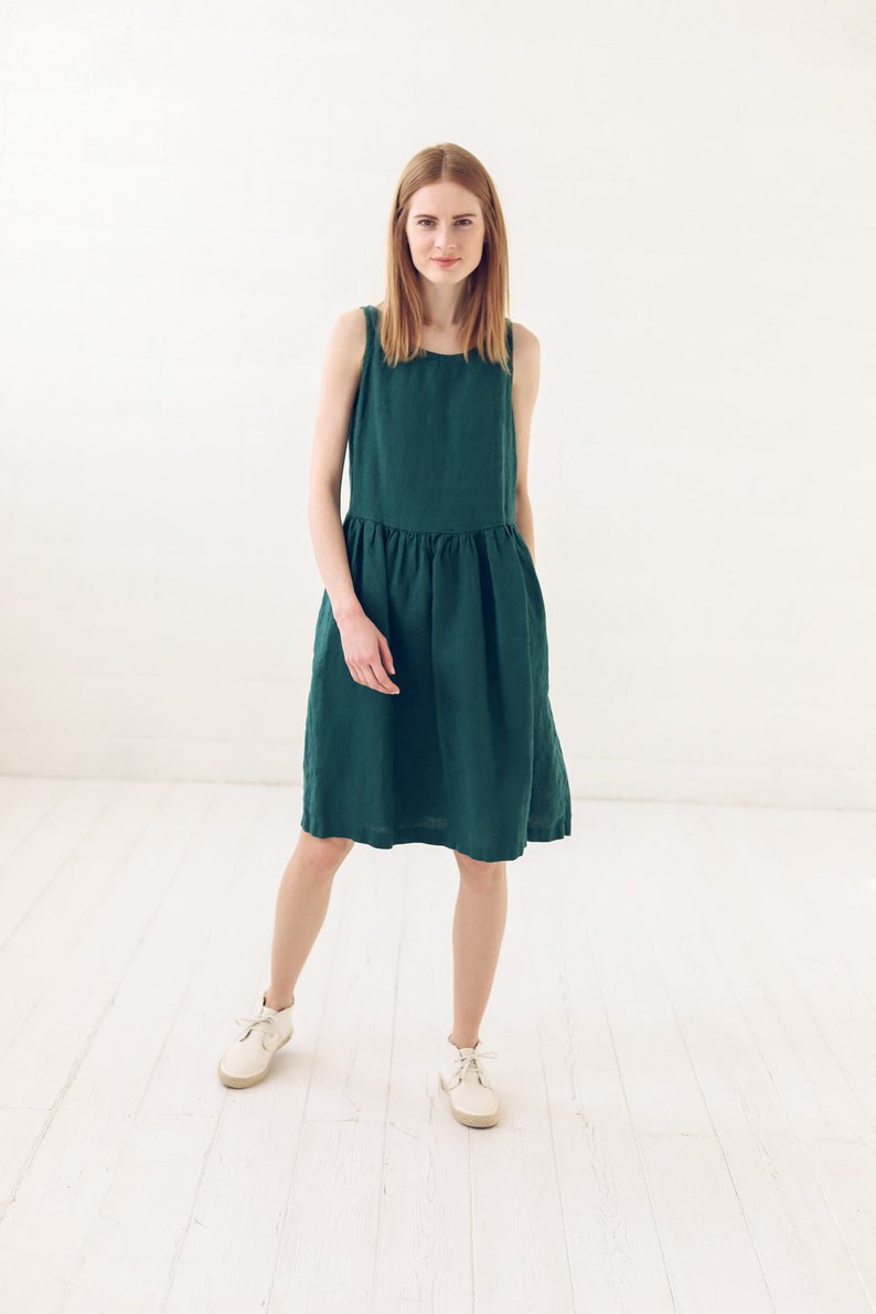 Summer Linen Dress / Simple A Line Midi Dress / Emerald Green Basic Linen Dress with Pockets