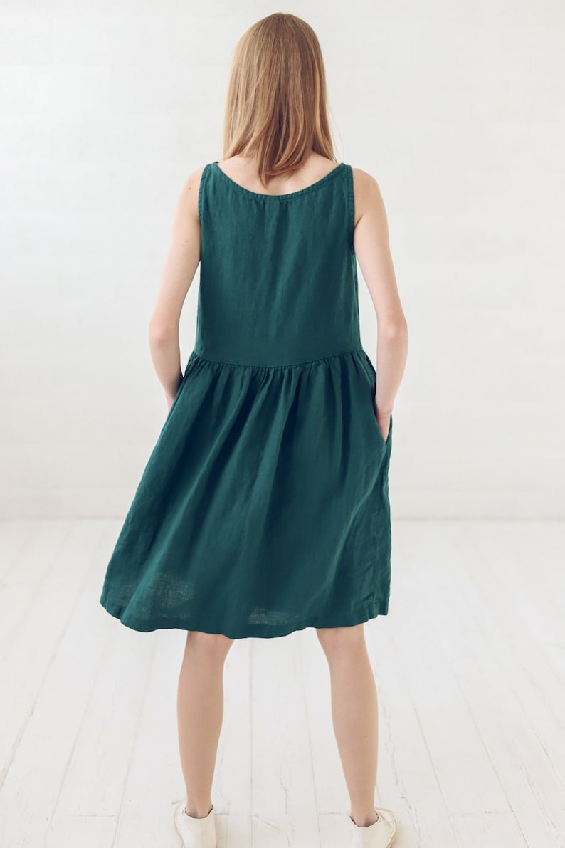 Summer Linen Dress / Simple A Line Midi Dress / Emerald Green Basic Linen Dress with Pockets