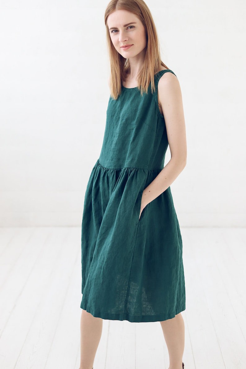 Summer Linen Dress / Simple A Line Midi Dress / Emerald Green Basic Linen Dress with Pockets