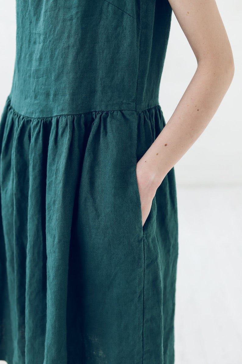 Summer Linen Dress / Simple A Line Midi Dress / Emerald Green Basic Linen Dress with Pockets