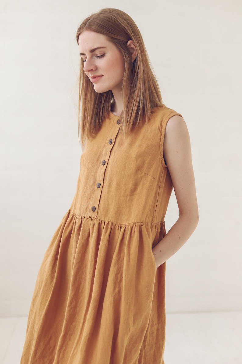 Linen Swing Dress, Maternity Linen Dress, Sleeveless Linen Dress With Buttons, Summer Linen Dress, Casual Loose Shirt Dress