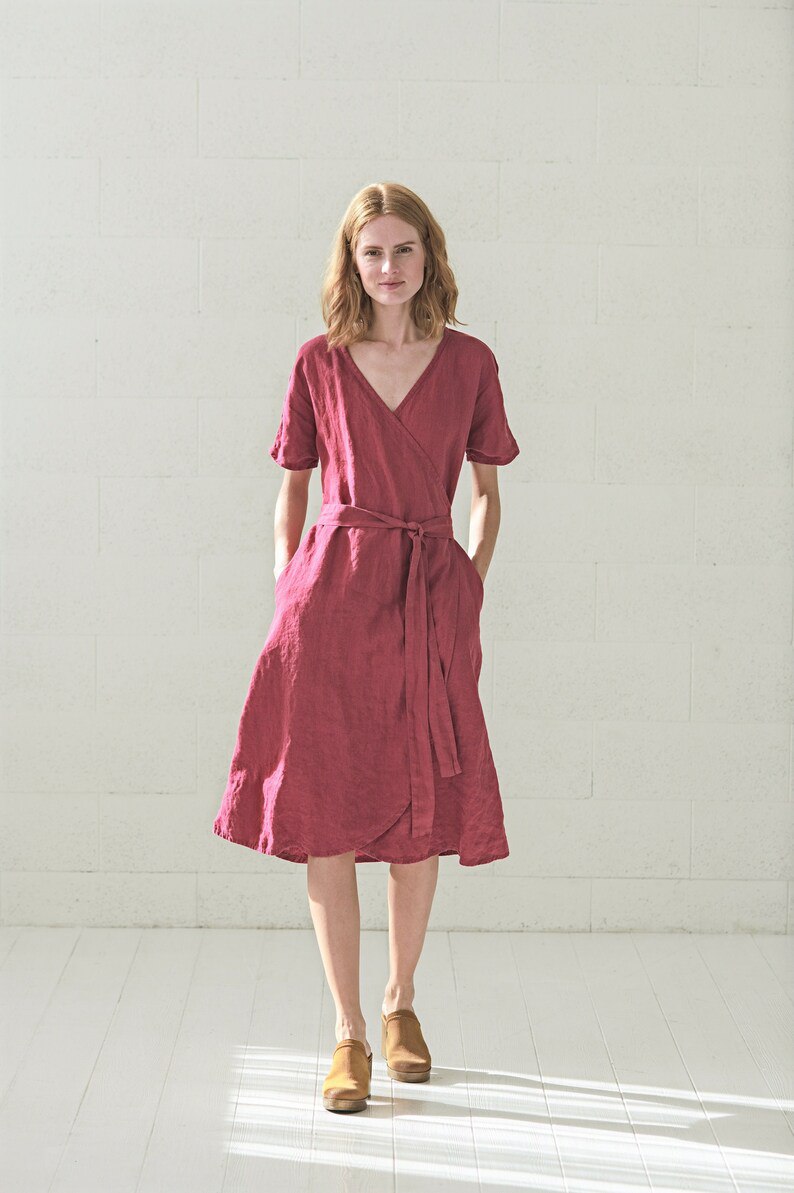 Wrap Linen Dress, Kimono Woman Linen Dress, Wrap Midi Linen Summer Dress