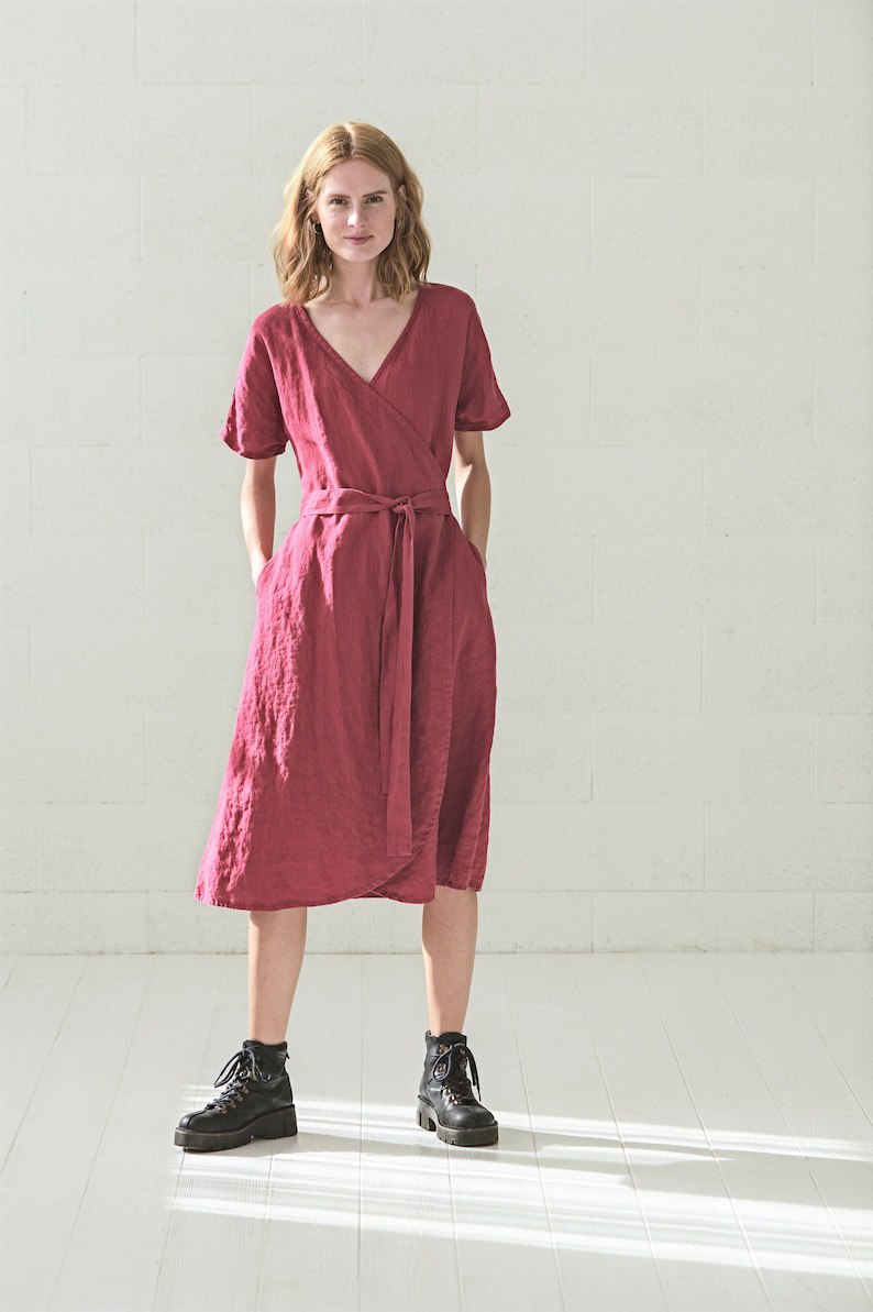 Wrap Linen Dress, Kimono Woman Linen Dress, Wrap Midi Linen Summer Dress
