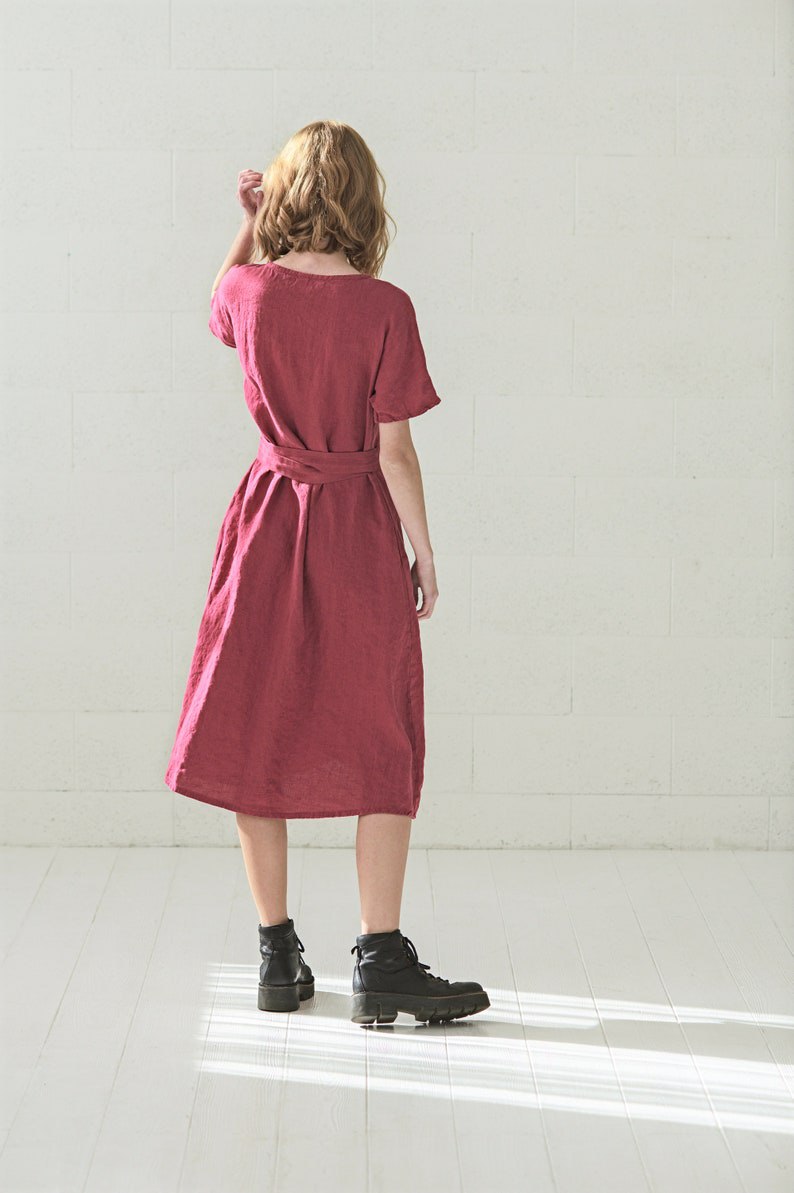 Wrap Linen Dress, Kimono Woman Linen Dress, Wrap Midi Linen Summer Dress