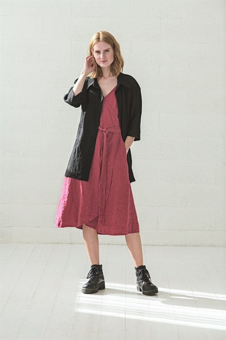 Wrap Linen Dress, Kimono Woman Linen Dress, Wrap Midi Linen Summer Dress