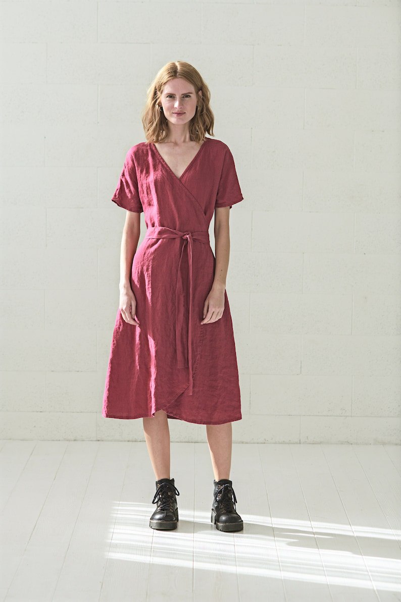 Wrap Linen Dress, Kimono Woman Linen Dress, Wrap Midi Linen Summer Dress
