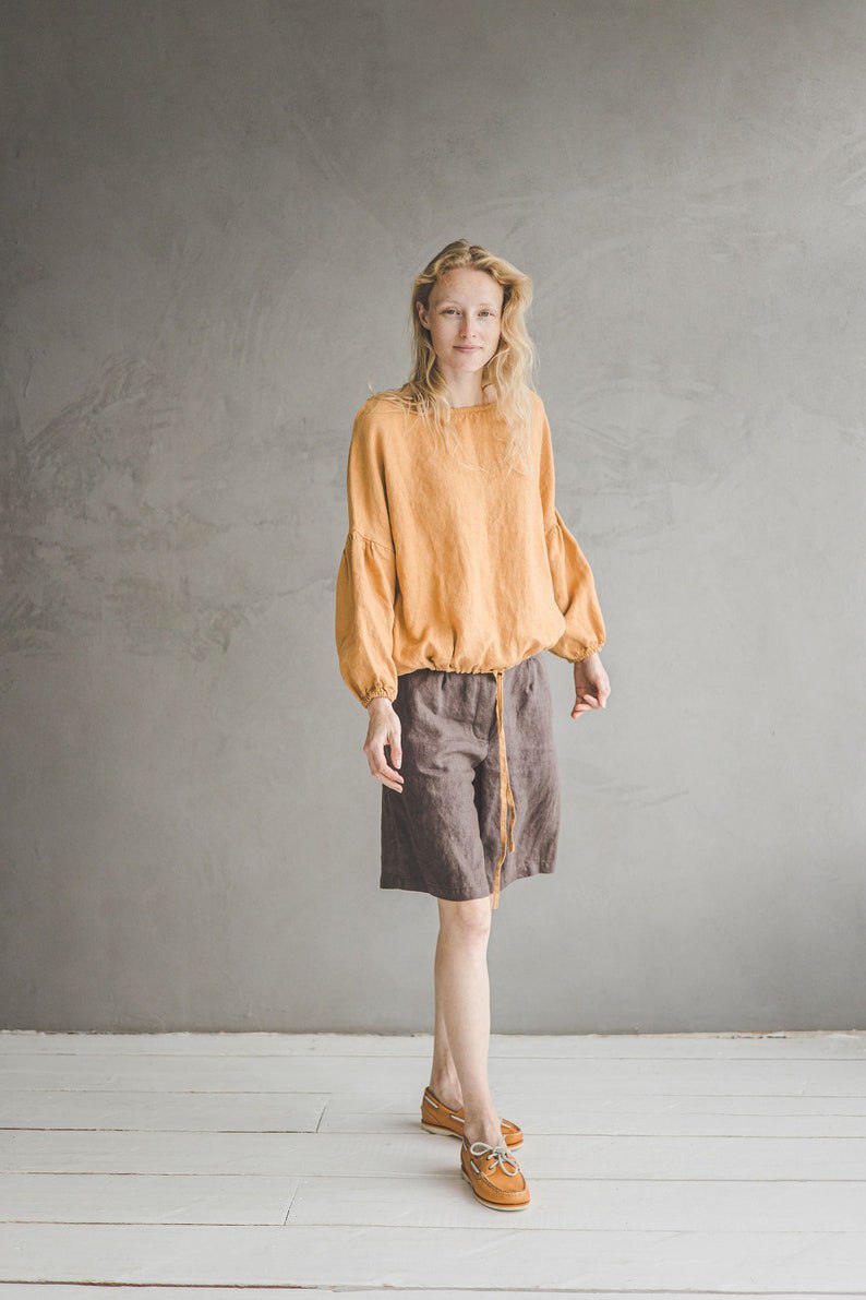 Linen Blouse Puffy Sleeve / Bishop Sleeve Poet Blouse / Ethical Fashion Women Basic Linen Top