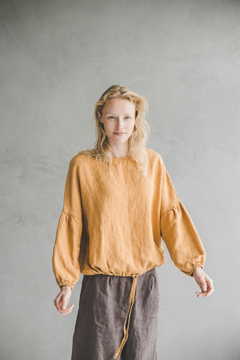 Linen Blouse Puffy Sleeve / Bishop Sleeve Poet Blouse / Ethical Fashion Women Basic Linen Top