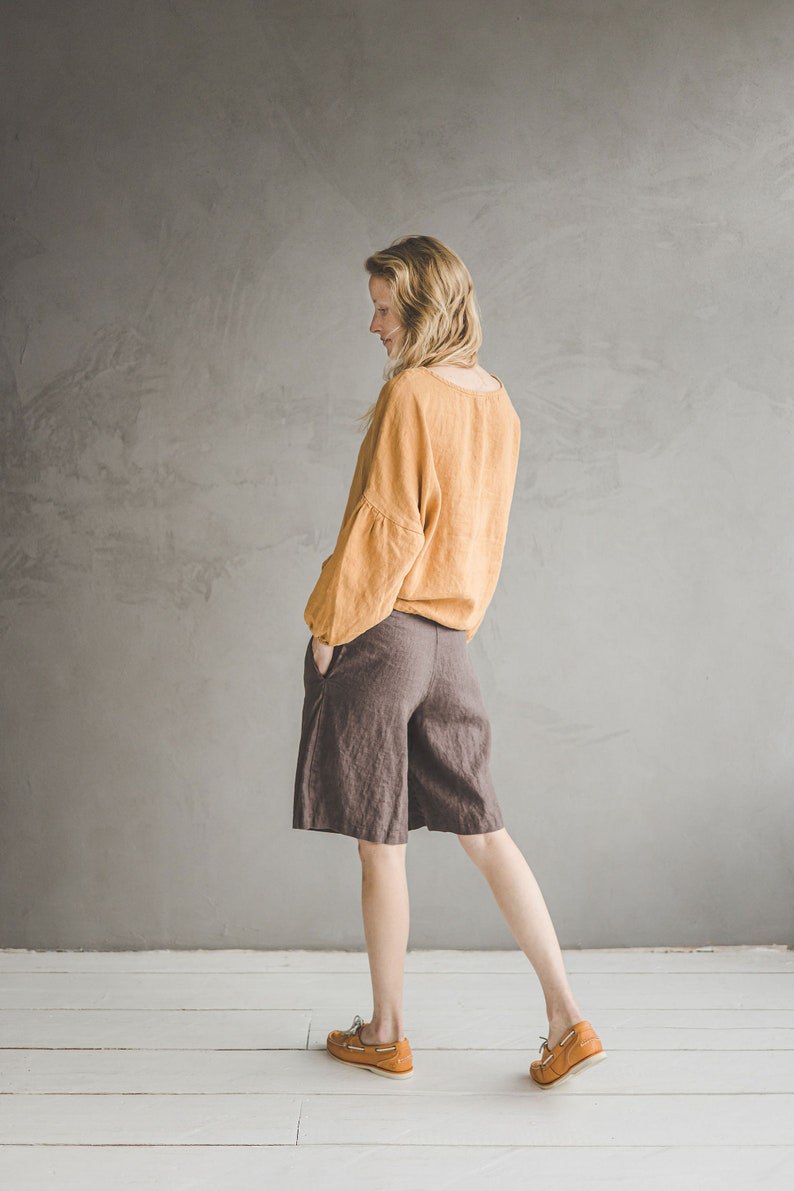 Linen Blouse Puffy Sleeve / Bishop Sleeve Poet Blouse / Ethical Fashion Women Basic Linen Top