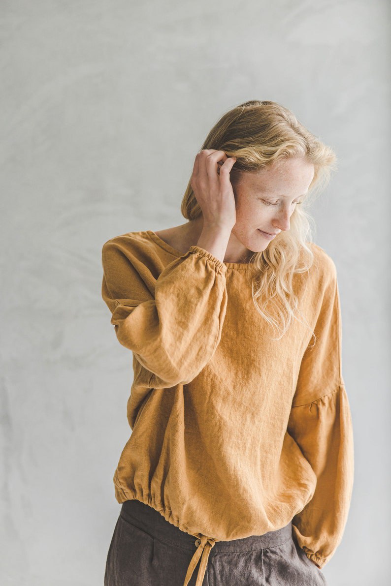 Linen Blouse Puffy Sleeve / Bishop Sleeve Poet Blouse / Ethical Fashion Women Basic Linen Top