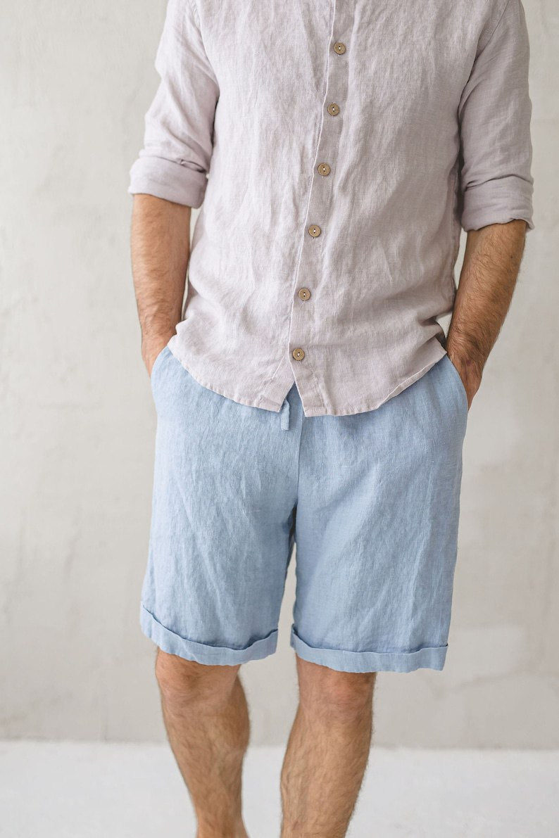 Relaxed Men's Linen Shorts / Summer Linen Elastic Waist Shorts For Men / Basic Linen Shorts For Men
