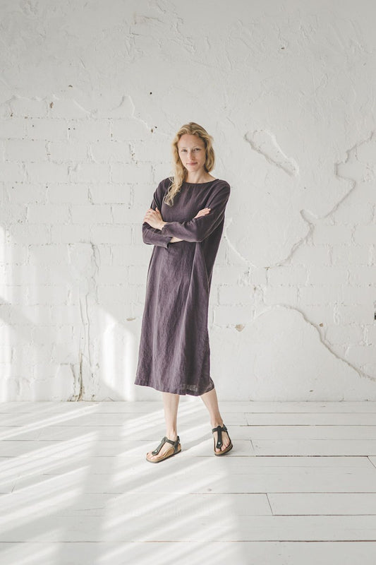 Linen Dress Loose Fitting / Linen Tunic Dress / Linen Dress Midi Length