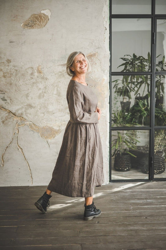 Smock Linen Dress, Swing Midi Linen Dress