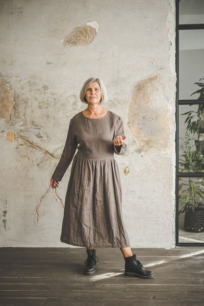 Smock Linen Dress, Swing Midi Linen Dress