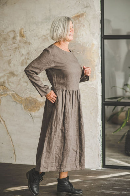 Smock Linen Dress, Swing Midi Linen Dress
