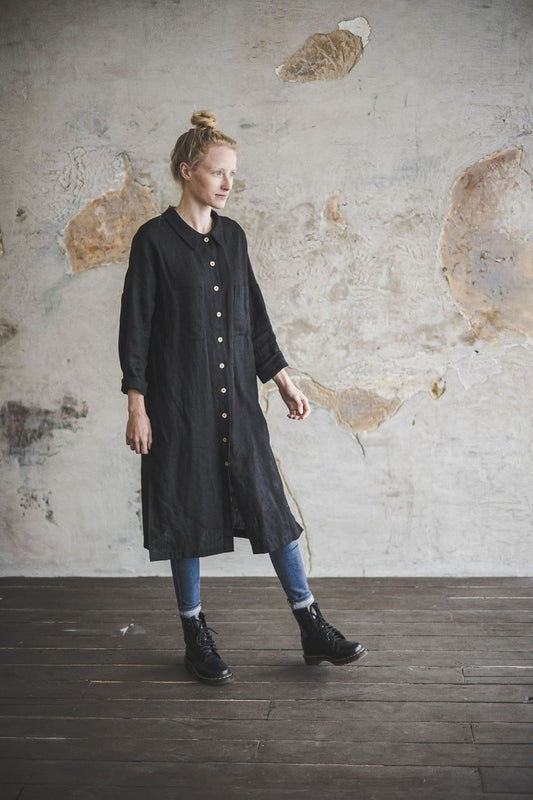 Heavy Linen Shirt Dress / Linen Dress for Women Buttons Down / Long Sleeves Woman Tunic