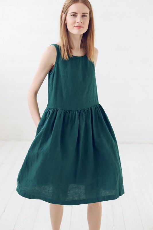 Summer Linen Dress / Simple A Line Midi Dress / Emerald Green Basic Linen Dress with Pockets