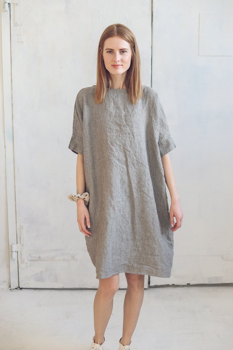 Loose Linen Dress, Smock Linen Dress Drop Shoulder, Striped Summer Linen Dress, Hemp Linen Dress, Oversize Linen Dress in Large Sizes