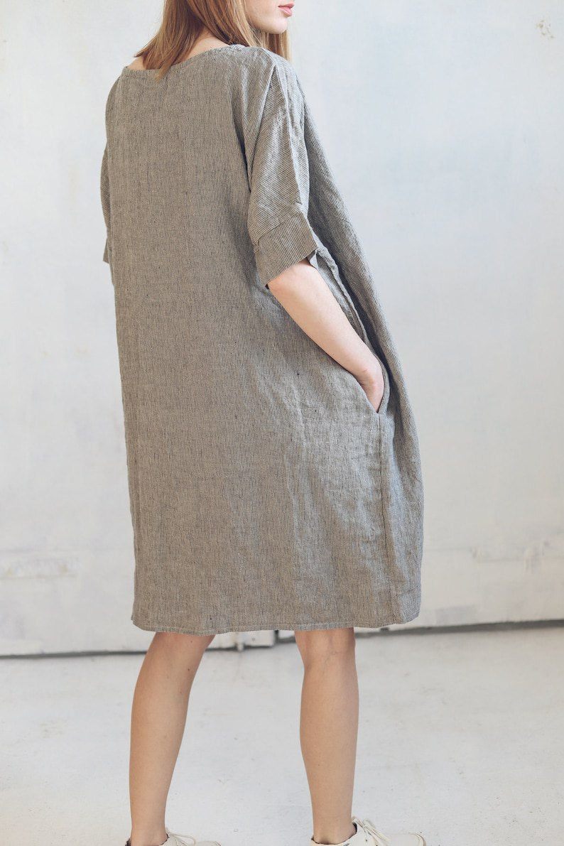 Loose Linen Dress, Smock Linen Dress Drop Shoulder, Striped Summer Linen Dress, Hemp Linen Dress, Oversize Linen Dress in Large Sizes