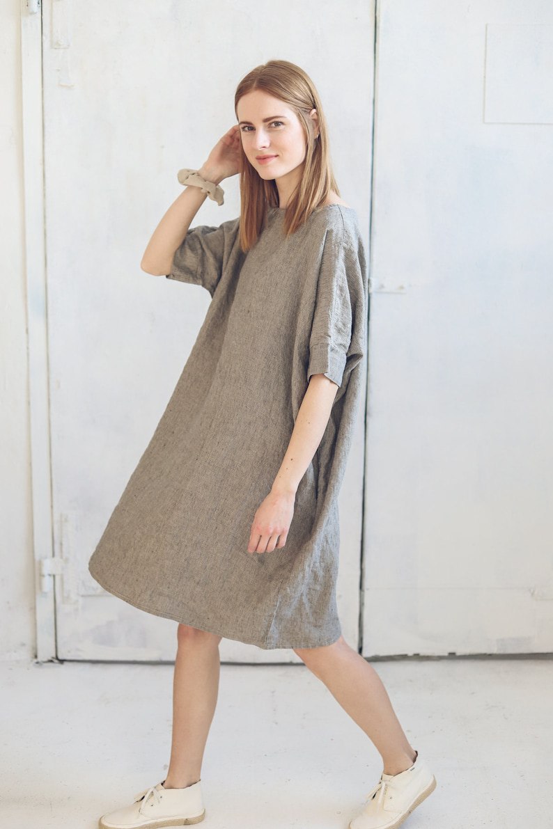 Loose Linen Dress, Smock Linen Dress Drop Shoulder, Striped Summer Linen Dress, Hemp Linen Dress, Oversize Linen Dress in Large Sizes