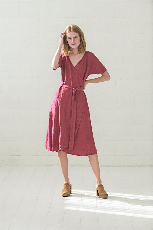 Wrap Linen Dress, Kimono Woman Linen Dress, Wrap Midi Linen Summer Dress