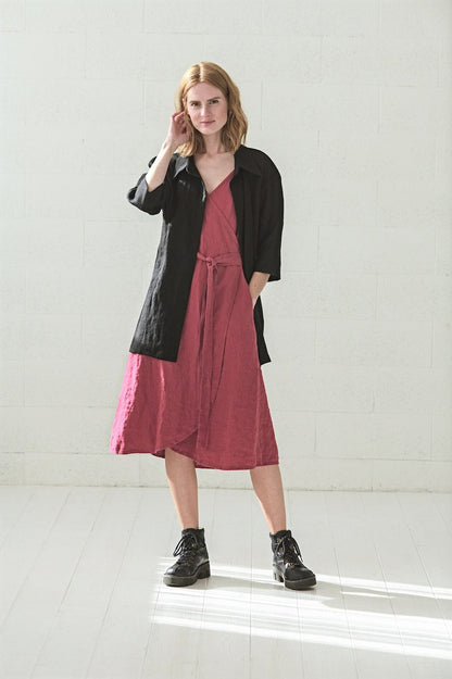 Wrap Linen Dress, Kimono Woman Linen Dress, Wrap Midi Linen Summer Dress