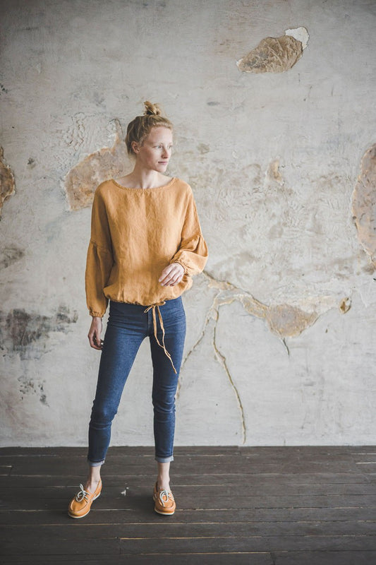 Linen Blouse Puffy Sleeve / Bishop Sleeve Poet Blouse / Ethical Fashion Women Basic Linen Top